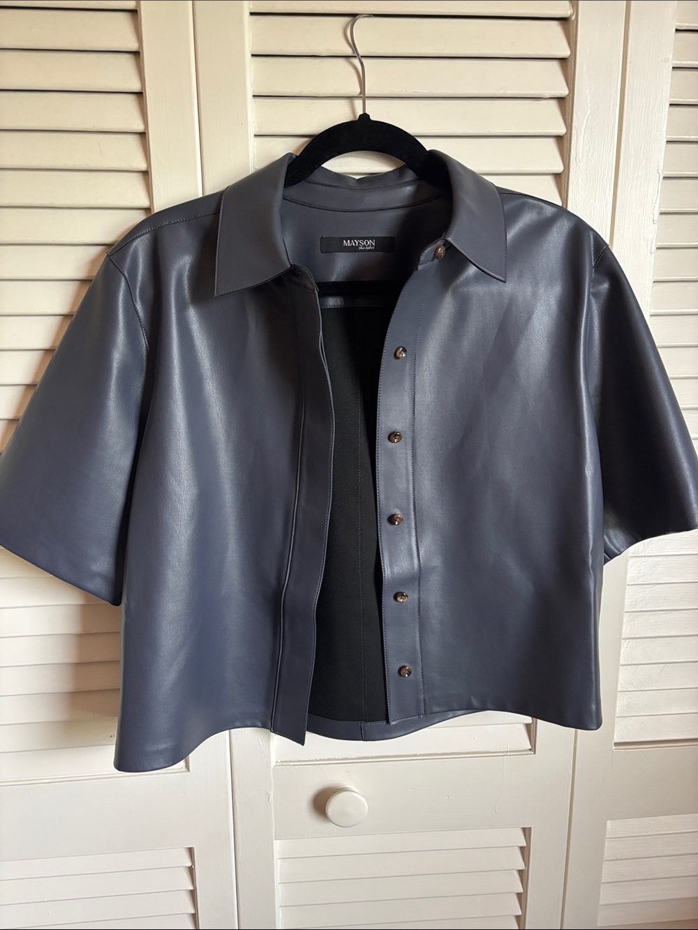Mason Short-Sleeve Faux Leather Button-Front Jacket in Slate Gray